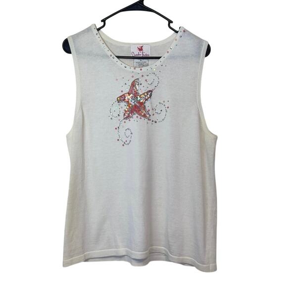 Quacker Factory Tops - Quacker Factory Sleeveless Starfish Embellished Top Size XL White Beach Vacation